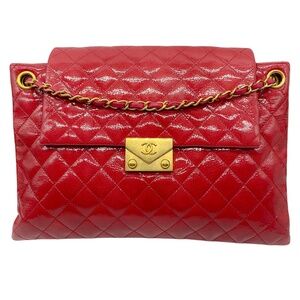 CHANEL ROSE 2016 QUILTED PATENT LEATHER AND LEATHER LARGE SHOPPING HANDBAG 30CM